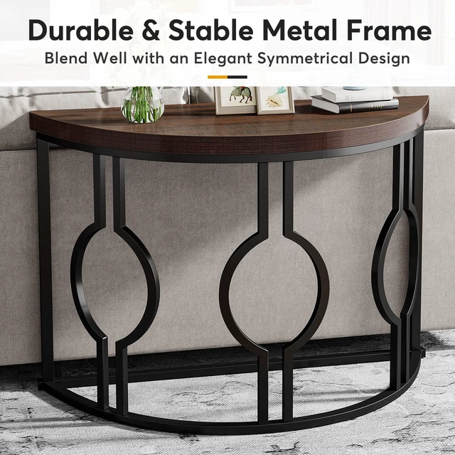 Alt view image 7 of 7 - Half Moon Console Table for Entryway, 43 Inch Industrial Semi Circle Sofa Table with Geometric Base, Wood Accent Table for Living Room, Hallway, Foyer, Entrance, Rustic Brown