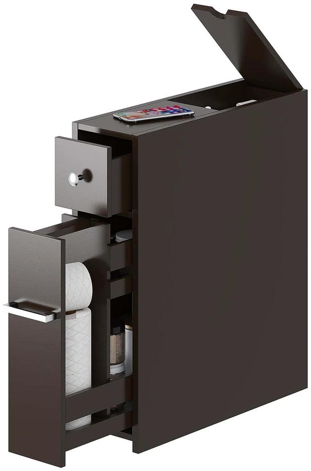 Main image of Small Bathroom Storage Cabinet with Toilet Paper Holder, Espresso | Slide-Out Drawers, Hidden Top Compartment, Toilet Paper Storage, Slim Freestanding Design for Bathrooms and Narrow Spaces