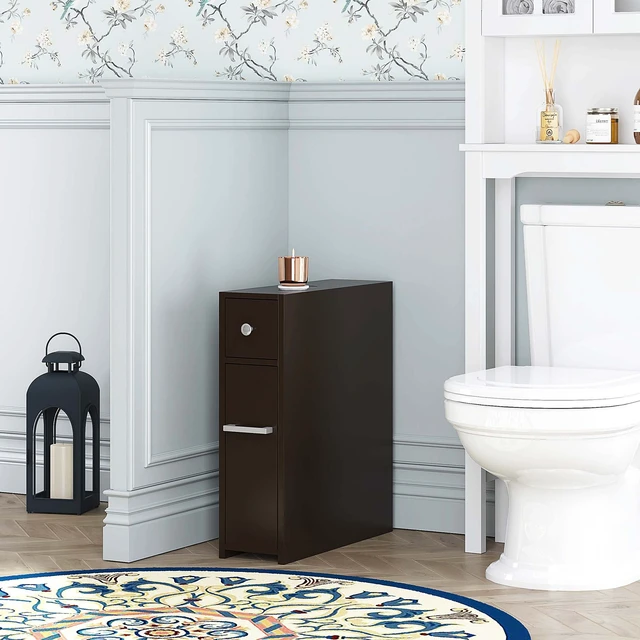 Alt view image 2 of 6 - Small Bathroom Storage Cabinet with Toilet Paper Holder, Espresso | Slide-Out Drawers, Hidden Top Compartment, Toilet Paper Storage, Slim Freestanding Design for Bathrooms and Narrow Spaces