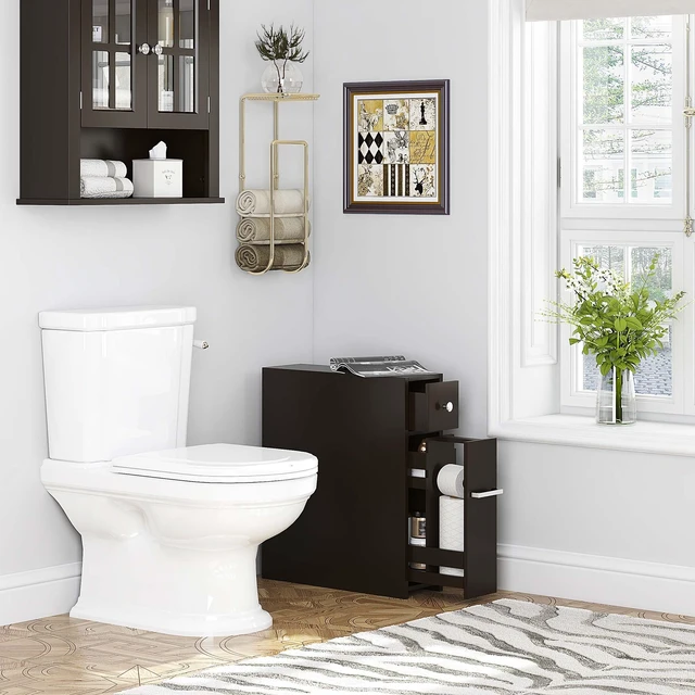 Alt view image 3 of 6 - Small Bathroom Storage Cabinet with Toilet Paper Holder, Espresso | Slide-Out Drawers, Hidden Top Compartment, Toilet Paper Storage, Slim Freestanding Design for Bathrooms and Narrow Spaces