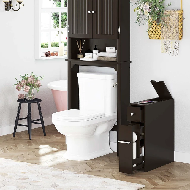 Alt view image 4 of 6 - Small Bathroom Storage Cabinet with Toilet Paper Holder, Espresso | Slide-Out Drawers, Hidden Top Compartment, Toilet Paper Storage, Slim Freestanding Design for Bathrooms and Narrow Spaces