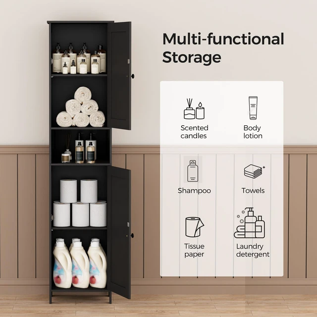 Alt view image 4 of 7 - Tall Bathroom Storage Cabinet with 2 Doors, Slim Bathroom Cabinet | Narrow Storage Cabinet with Adjustable Shelves, Reversible Door, Easy Assembly, for Bathroom, Living Room, Black, 15.7''W