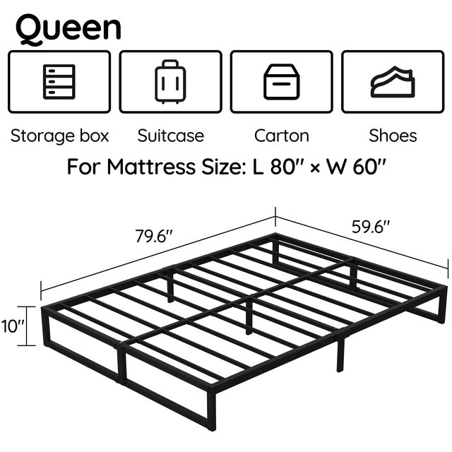 Alt view image 2 of 7 - 10 Inch Queen Bed Frame Metal Platform Bed, Black | Queen Size Bed Frame, Mattress Foundation with Steel Slat Support, No Box Spring Needed, Easy Assembly