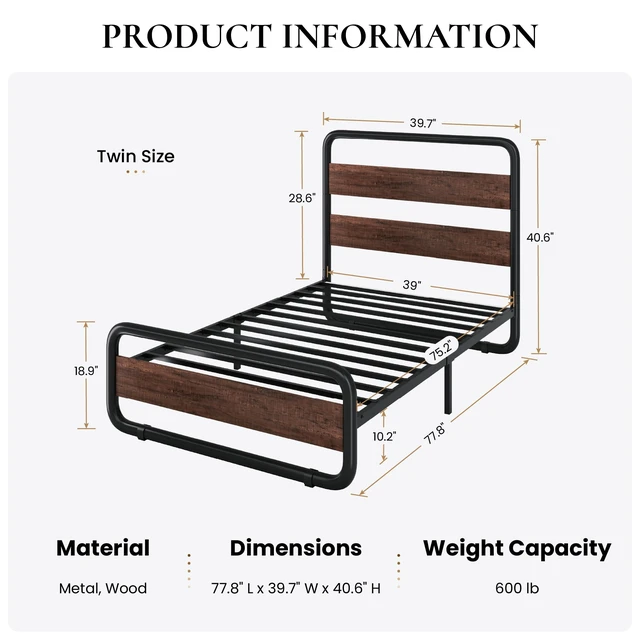 Alt view image 2 of 7 - Twin Size Metal Bed Frame with Wooden Headboard, Mahogany | Heavy Duty Platform Frame with Under-Bed Storage, Noise Free, No Box Spring Needed