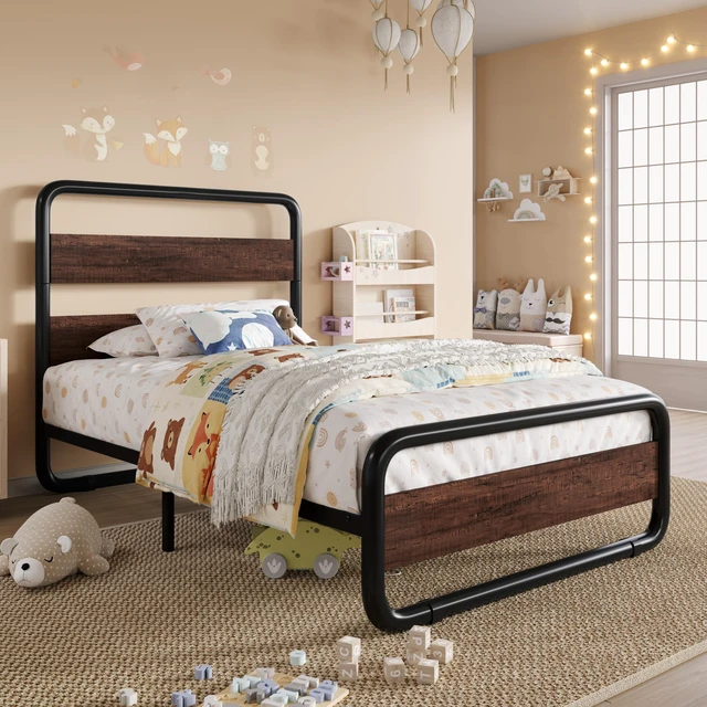 Alt view image 3 of 7 - Twin Size Metal Bed Frame with Wooden Headboard, Mahogany | Heavy Duty Platform Frame with Under-Bed Storage, Noise Free, No Box Spring Needed