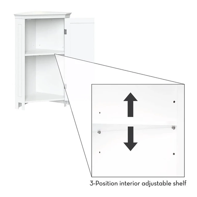 Alt view image 3 of 7 - Somerset Bathroom Corner Floor Linen Storage Cabinet, White | Bath Organizer with Adjustable Interior Shelf, Door, Two-Tone Handle, Coved Top Detailing, Painted MDF, Laundry Storage