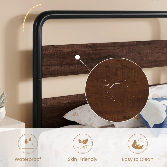 Alt view image 4 of 7 - Twin Size Metal Bed Frame with Wooden Headboard, Mahogany | Heavy Duty Platform Frame with Under-Bed Storage, Noise Free, No Box Spring Needed