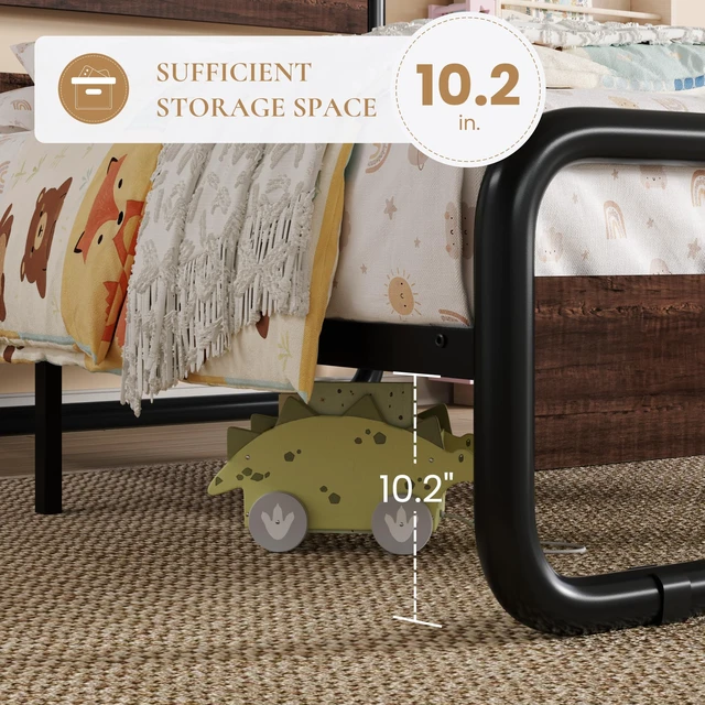 Alt view image 5 of 7 - Twin Size Metal Bed Frame with Wooden Headboard, Mahogany | Heavy Duty Platform Frame with Under-Bed Storage, Noise Free, No Box Spring Needed