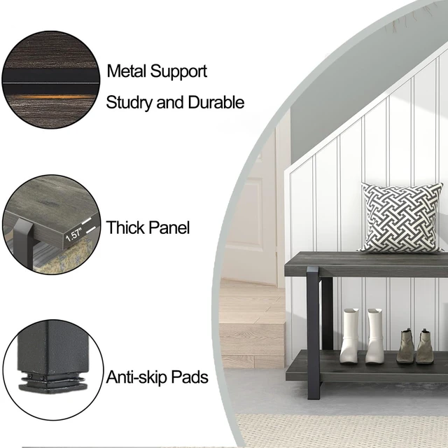 Alt view image 6 of 7 - Industrial Entryway Bench with Storage, Rustic Wood and Metal Shoe Rack Bench Seat, 47 Inch Grey
