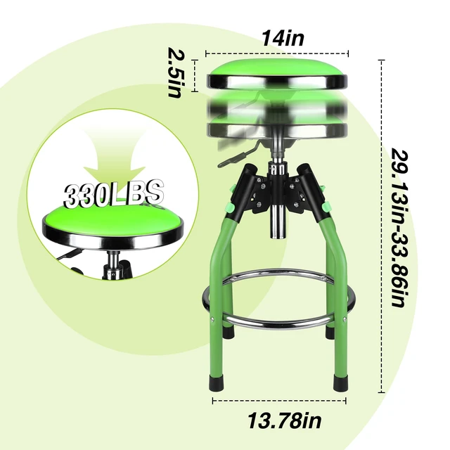 Alt view image 4 of 7 - Garage Bar Stool, Heavy Duty Adjustable Hydraulic Shop Stool, 29in to 33. 86in, 330-Pound Capacity, Green