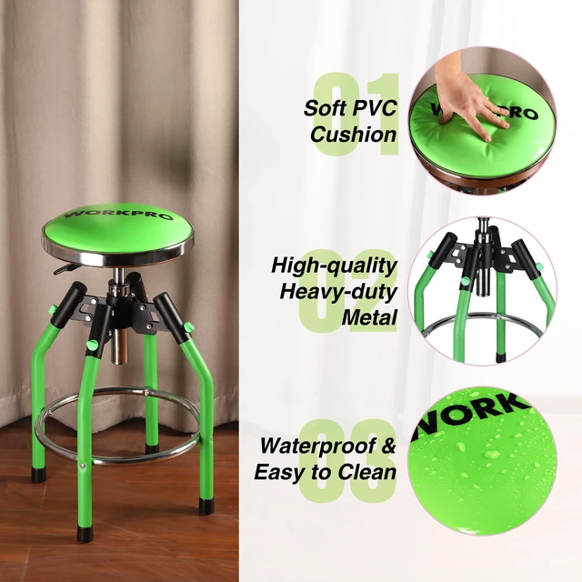 Alt view image 5 of 7 - Garage Bar Stool, Heavy Duty Adjustable Hydraulic Shop Stool, 29in to 33. 86in, 330-Pound Capacity, Green