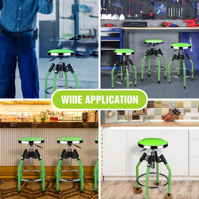 Alt view image 7 of 7 - Garage Bar Stool, Heavy Duty Adjustable Hydraulic Shop Stool, 29in to 33. 86in, 330-Pound Capacity, Green