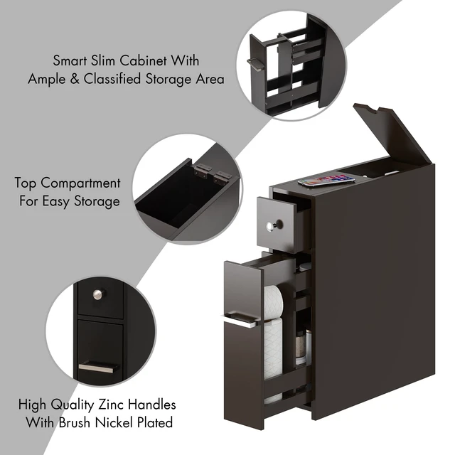 Alt view image 5 of 6 - Small Bathroom Storage Cabinet with Toilet Paper Holder, Espresso | Slide-Out Drawers, Hidden Top Compartment, Toilet Paper Storage, Slim Freestanding Design for Bathrooms and Narrow Spaces