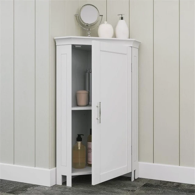 Alt view image 2 of 7 - Somerset Bathroom Corner Floor Linen Storage Cabinet, White | Bath Organizer with Adjustable Interior Shelf, Door, Two-Tone Handle, Coved Top Detailing, Painted MDF, Laundry Storage