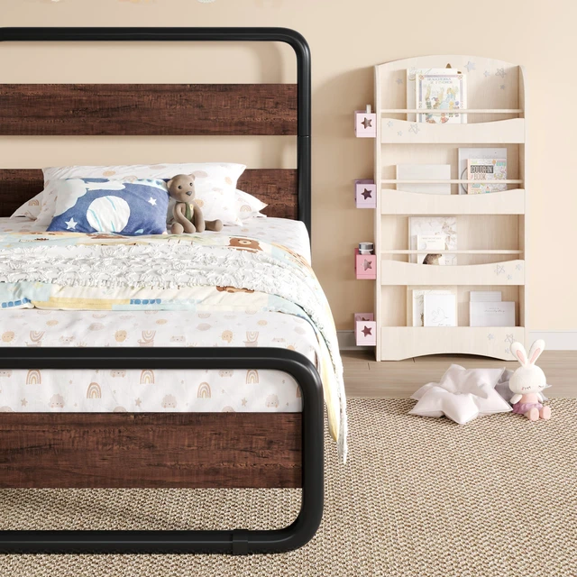 Alt view image 7 of 7 - Twin Size Metal Bed Frame with Wooden Headboard, Mahogany | Heavy Duty Platform Frame with Under-Bed Storage, Noise Free, No Box Spring Needed