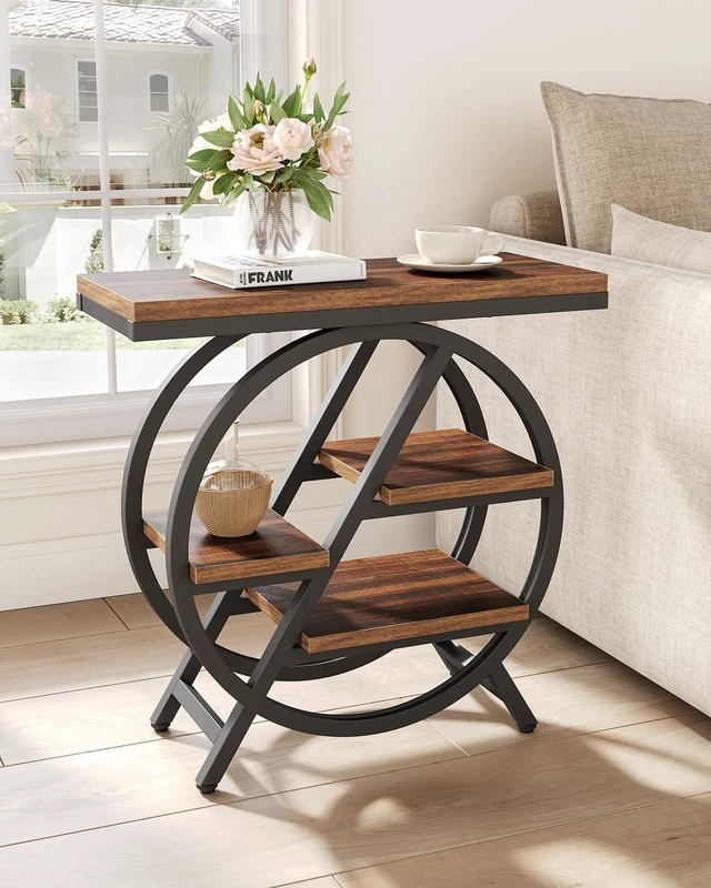Alt view image 2 of 7 - End Table, Narrow Side Table with 4-Tier Large Storage Space | Modern Bedside Table for Living Room, Home Office, Bedroom, Brown
