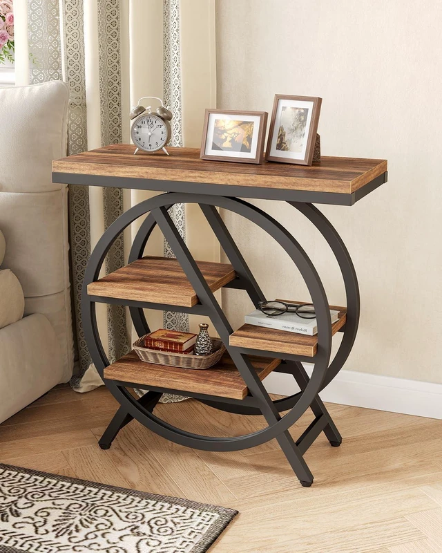 Alt view image 3 of 7 - End Table, Narrow Side Table with 4-Tier Large Storage Space | Modern Bedside Table for Living Room, Home Office, Bedroom, Brown
