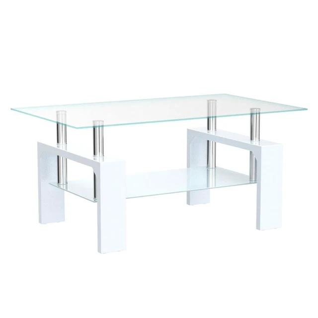 Alt view image 4 of 7 - Living Room Rectangle Coffee Table, Tea Table Suitable for Waiting Room, Modern Side Coffee Table with Wooden Leg, Glass Tabletop with Lower Shelf, White 39.5 * 23.5 * 17.5