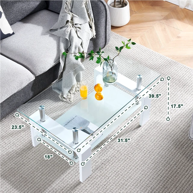Alt view image 2 of 7 - Living Room Rectangle Coffee Table, Tea Table Suitable for Waiting Room, Modern Side Coffee Table with Wooden Leg, Glass Tabletop with Lower Shelf, White 39.5 * 23.5 * 17.5