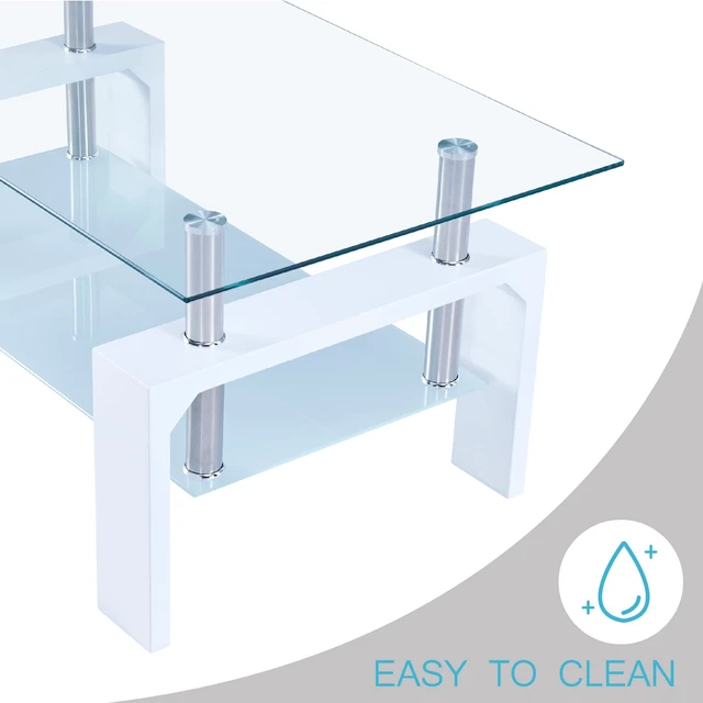 Alt view image 6 of 7 - Living Room Rectangle Coffee Table, Tea Table Suitable for Waiting Room, Modern Side Coffee Table with Wooden Leg, Glass Tabletop with Lower Shelf, White 39.5 * 23.5 * 17.5