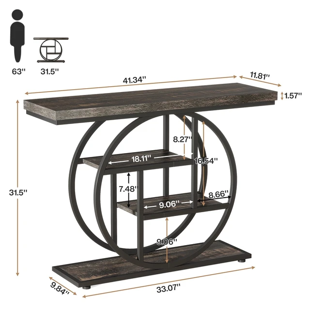 Alt view image 2 of 7 - 41.3" Console Table, Industrial 4-Tier Sofa Table Entryway Table with Circle Base, Narrow Wood Accent Tables with Storage Shelves for Living Room, Hallway, Foyer, Charcoal Black