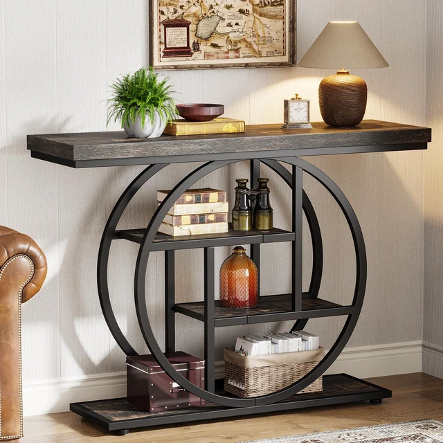 Main image of 41.3" Console Table, Industrial 4-Tier Sofa Table Entryway Table with Circle Base, Narrow Wood Accent Tables with Storage Shelves for Living Room, Hallway, Foyer, Charcoal Black