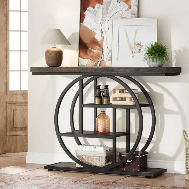 Alt view image 3 of 7 - 41.3" Console Table, Industrial 4-Tier Sofa Table Entryway Table with Circle Base, Narrow Wood Accent Tables with Storage Shelves for Living Room, Hallway, Foyer, Charcoal Black