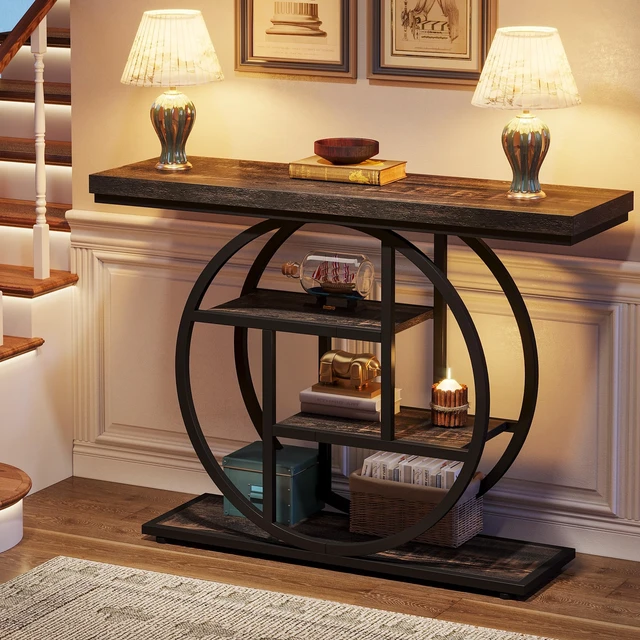 Alt view image 4 of 7 - 41.3" Console Table, Industrial 4-Tier Sofa Table Entryway Table with Circle Base, Narrow Wood Accent Tables with Storage Shelves for Living Room, Hallway, Foyer, Charcoal Black