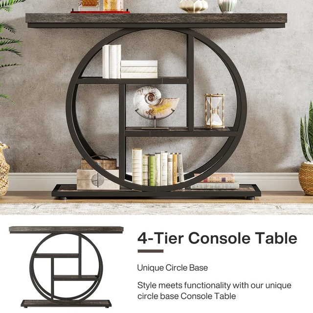 Alt view image 5 of 7 - 41.3" Console Table, Industrial 4-Tier Sofa Table Entryway Table with Circle Base, Narrow Wood Accent Tables with Storage Shelves for Living Room, Hallway, Foyer, Charcoal Black