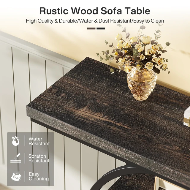 Alt view image 6 of 7 - 41.3" Console Table, Industrial 4-Tier Sofa Table Entryway Table with Circle Base, Narrow Wood Accent Tables with Storage Shelves for Living Room, Hallway, Foyer, Charcoal Black