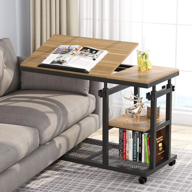 Main image of Height Adjustable C Table with Wheels, Mobile Couch Snack Side Table with Tiltable Drawing Board, Sofa Bedside Laptop Stand C Shaped TV Tray with Storage Shelves (Black+Oak)
