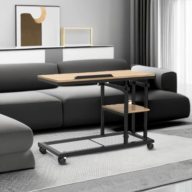 Alt view image 5 of 7 - Height Adjustable C Table with Wheels, Mobile Couch Snack Side Table with Tiltable Drawing Board, Sofa Bedside Laptop Stand C Shaped TV Tray with Storage Shelves (Black+Oak)