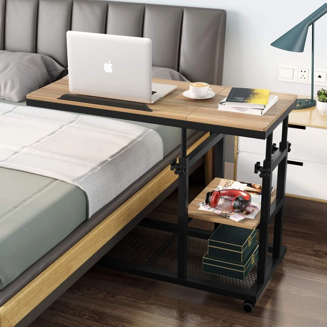 Alt view image 2 of 7 - Height Adjustable C Table with Wheels, Mobile Couch Snack Side Table with Tiltable Drawing Board, Sofa Bedside Laptop Stand C Shaped TV Tray with Storage Shelves (Black+Oak)