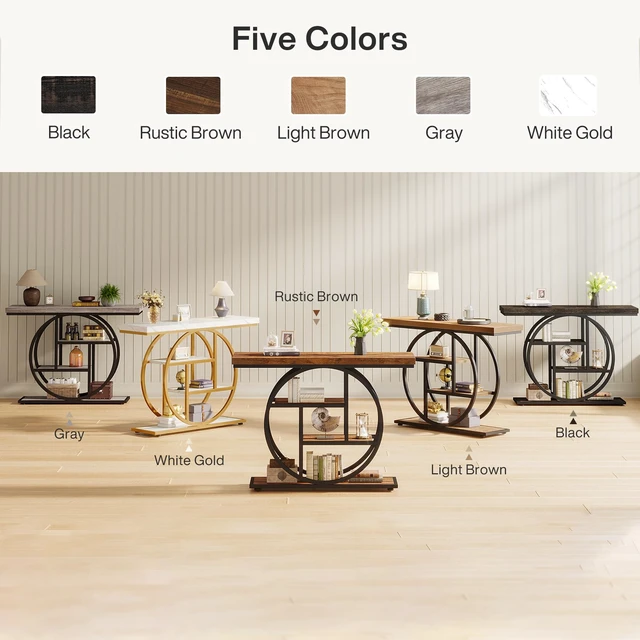 Alt view image 7 of 7 - 41.3" Console Table, Industrial 4-Tier Sofa Table Entryway Table with Circle Base, Narrow Wood Accent Tables with Storage Shelves for Living Room, Hallway, Foyer, Charcoal Black