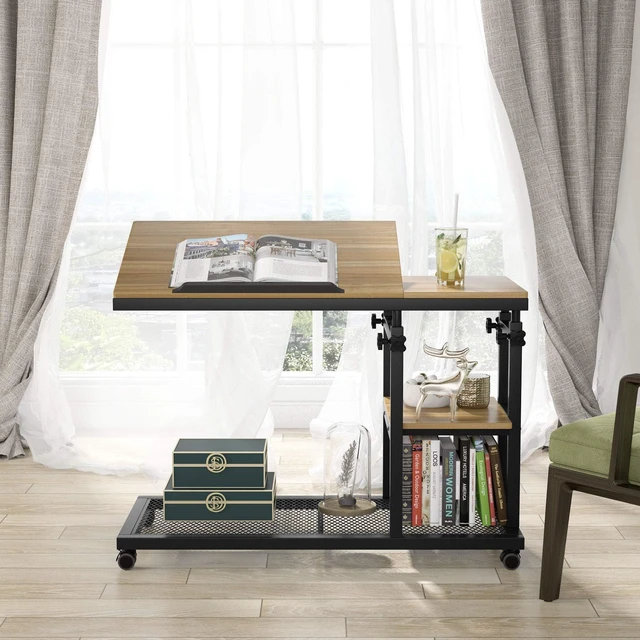 Alt view image 3 of 7 - Height Adjustable C Table with Wheels, Mobile Couch Snack Side Table with Tiltable Drawing Board, Sofa Bedside Laptop Stand C Shaped TV Tray with Storage Shelves (Black+Oak)