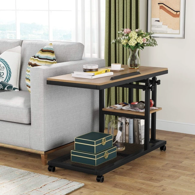 Alt view image 4 of 7 - Height Adjustable C Table with Wheels, Mobile Couch Snack Side Table with Tiltable Drawing Board, Sofa Bedside Laptop Stand C Shaped TV Tray with Storage Shelves (Black+Oak)