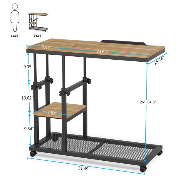 Alt view image 6 of 7 - Height Adjustable C Table with Wheels, Mobile Couch Snack Side Table with Tiltable Drawing Board, Sofa Bedside Laptop Stand C Shaped TV Tray with Storage Shelves (Black+Oak)