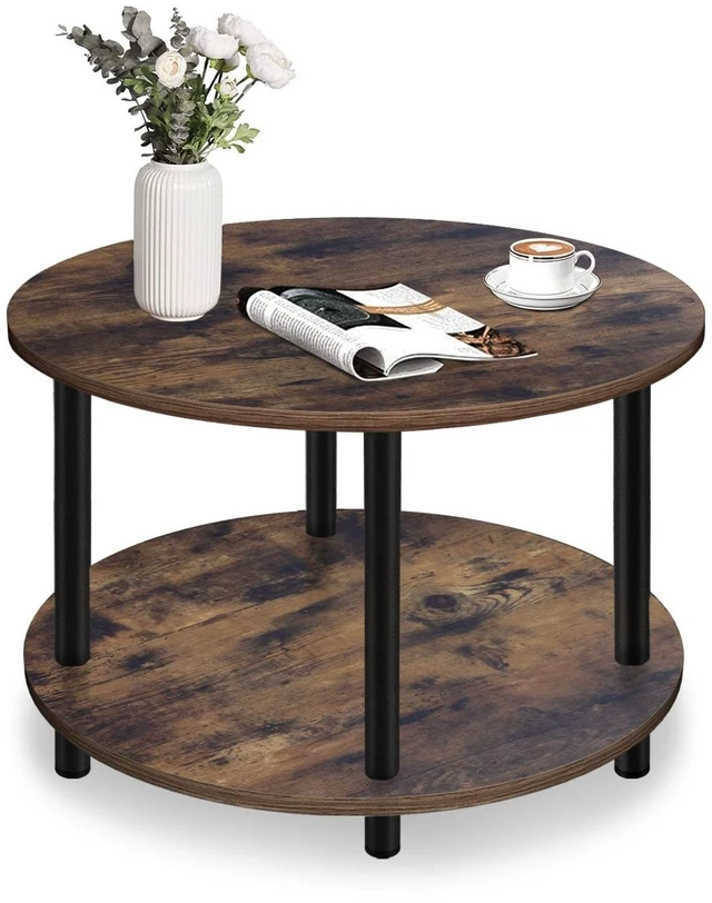 Main image of Small Round Coffee Table for Small Space, 23.5" 2-Tier Rustic Brown Wooden Coffee Table with Open Storage for Living Room/Balcony/Office, Metal Legs, Easy to Assemble