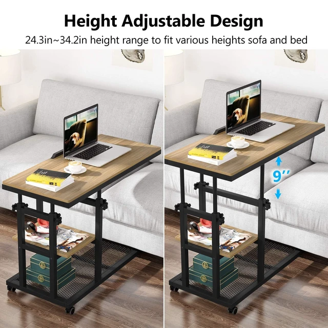 Alt view image 7 of 7 - Height Adjustable C Table with Wheels, Mobile Couch Snack Side Table with Tiltable Drawing Board, Sofa Bedside Laptop Stand C Shaped TV Tray with Storage Shelves (Black+Oak)