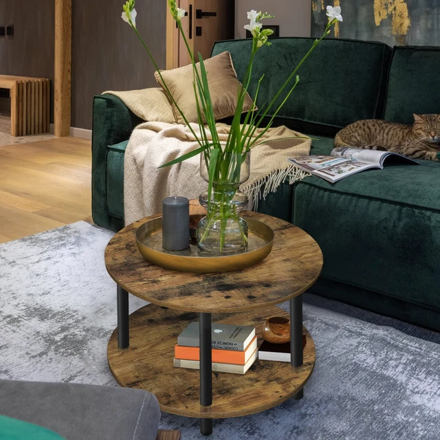 Alt view image 2 of 7 - Small Round Coffee Table for Small Space, 23.5" 2-Tier Rustic Brown Wooden Coffee Table with Open Storage for Living Room/Balcony/Office, Metal Legs, Easy to Assemble