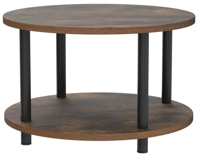 Alt view image 4 of 7 - Small Round Coffee Table for Small Space, 23.5" 2-Tier Rustic Brown Wooden Coffee Table with Open Storage for Living Room/Balcony/Office, Metal Legs, Easy to Assemble