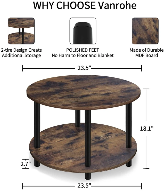 Alt view image 3 of 7 - Small Round Coffee Table for Small Space, 23.5" 2-Tier Rustic Brown Wooden Coffee Table with Open Storage for Living Room/Balcony/Office, Metal Legs, Easy to Assemble