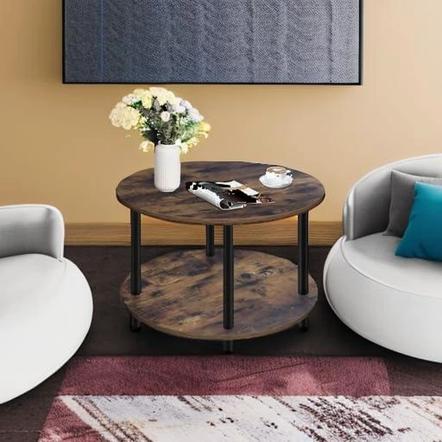 Alt view image 5 of 7 - Small Round Coffee Table for Small Space, 23.5" 2-Tier Rustic Brown Wooden Coffee Table with Open Storage for Living Room/Balcony/Office, Metal Legs, Easy to Assemble