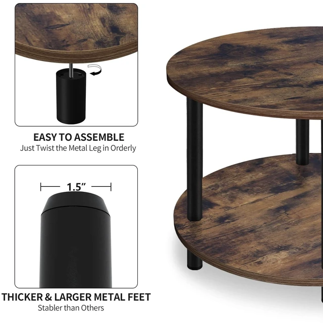 Alt view image 6 of 7 - Small Round Coffee Table for Small Space, 23.5" 2-Tier Rustic Brown Wooden Coffee Table with Open Storage for Living Room/Balcony/Office, Metal Legs, Easy to Assemble