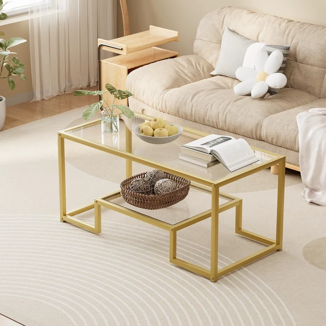 Alt view image 2 of 7 - Coffee Table Gold Glass Coffee Table for Living Room,2 Tiers Rectangle Center Table with Sturdy Metal Frame,Modern Tempered Glass Accent Table for Bedroom Home Office