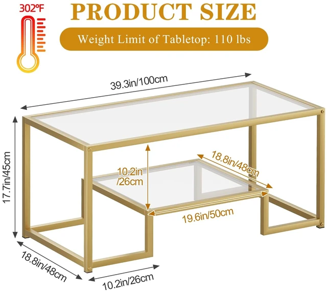 Alt view image 3 of 7 - Coffee Table Gold Glass Coffee Table for Living Room,2 Tiers Rectangle Center Table with Sturdy Metal Frame,Modern Tempered Glass Accent Table for Bedroom Home Office