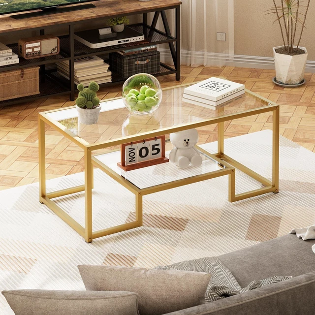 Alt view image 4 of 7 - Coffee Table Gold Glass Coffee Table for Living Room,2 Tiers Rectangle Center Table with Sturdy Metal Frame,Modern Tempered Glass Accent Table for Bedroom Home Office