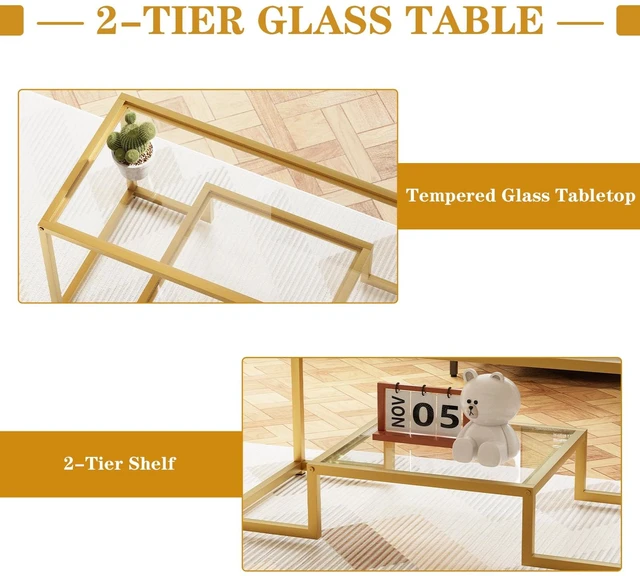 Alt view image 5 of 7 - Coffee Table Gold Glass Coffee Table for Living Room,2 Tiers Rectangle Center Table with Sturdy Metal Frame,Modern Tempered Glass Accent Table for Bedroom Home Office