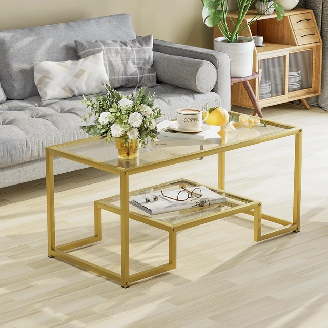 Alt view image 6 of 7 - Coffee Table Gold Glass Coffee Table for Living Room,2 Tiers Rectangle Center Table with Sturdy Metal Frame,Modern Tempered Glass Accent Table for Bedroom Home Office