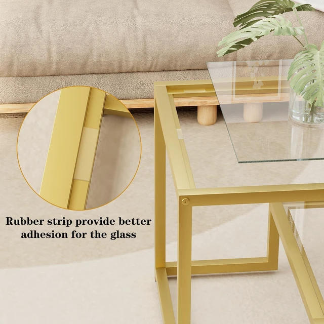 Alt view image 7 of 7 - Coffee Table Gold Glass Coffee Table for Living Room,2 Tiers Rectangle Center Table with Sturdy Metal Frame,Modern Tempered Glass Accent Table for Bedroom Home Office
